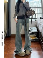 American retro washed vintage straight-leg jeans women's summer new high-waisted slim-fit skinny wide-leg pants