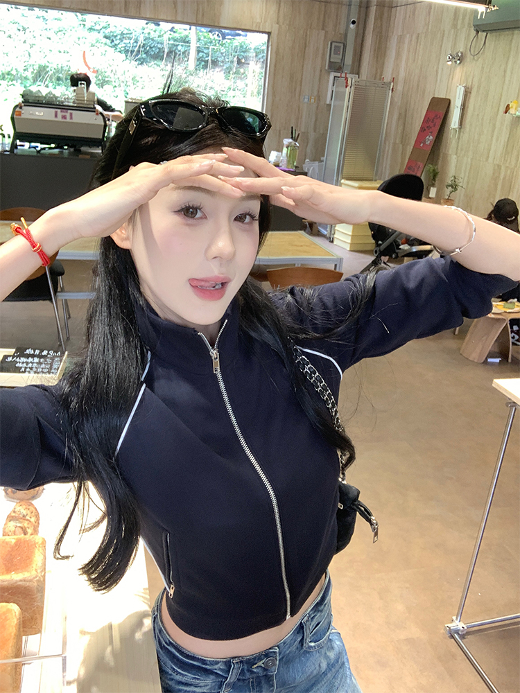 Shooted Korean chic one-piece simple short-sleeved stand-up collar jacket outerwear