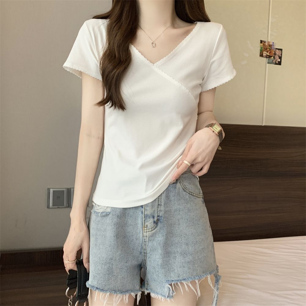 實拍  40支純棉210克92棉/8氨綸短袖T恤女修身v領