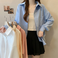 Large size women's long-sleeved shirt simple large pocket loose casual outdoor sun protection top