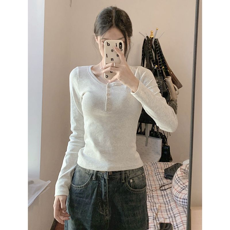 American retro long-sleeved T-shirt for women with autumn and winter new slim short top long-sleeved base shirt