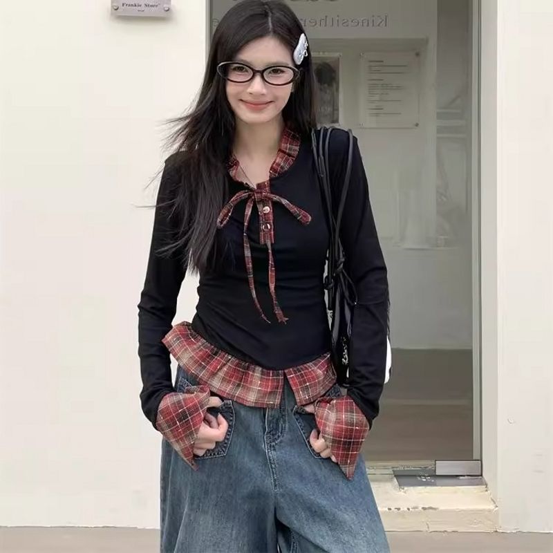 原版做工大碼女裝超好看格紋系帶假兩件春款T恤高級感顯瘦上衣