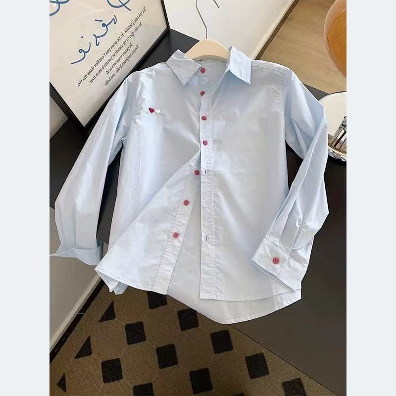 Korean version of fresh blue lapel long-sleeved shirt for women in spring and autumn niche design sweet loose lazy style top