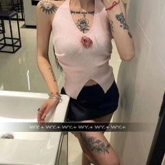Summer vacation halter neck three-dimensional rose vest hot girl suspender women 2025 new sexy slit sleeveless top