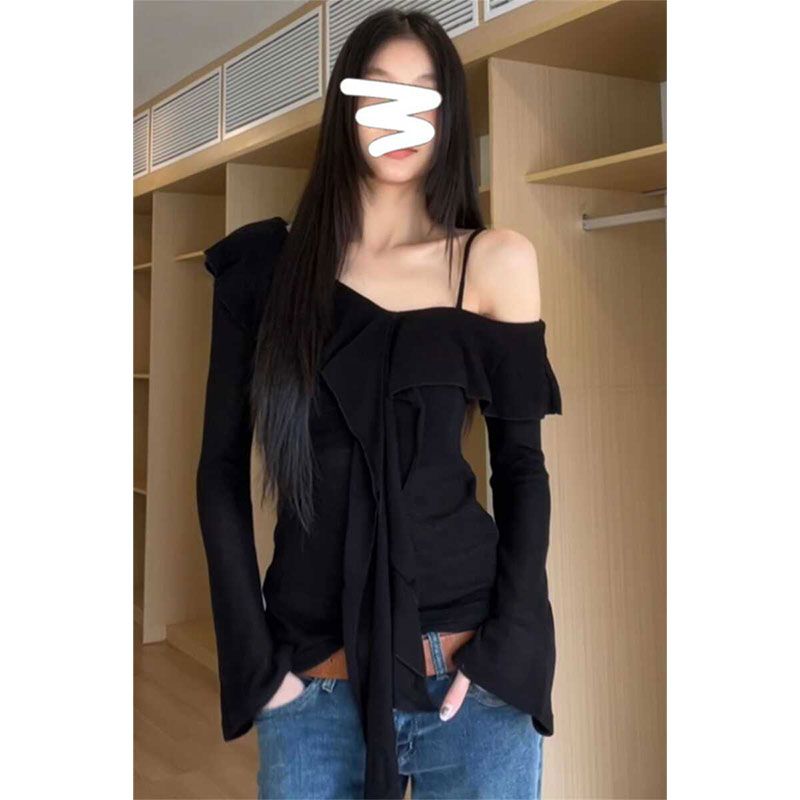 Design-sensory ruffled one-shoulder T-shirt for women early autumn Korean slim hot girl off-shoulder top