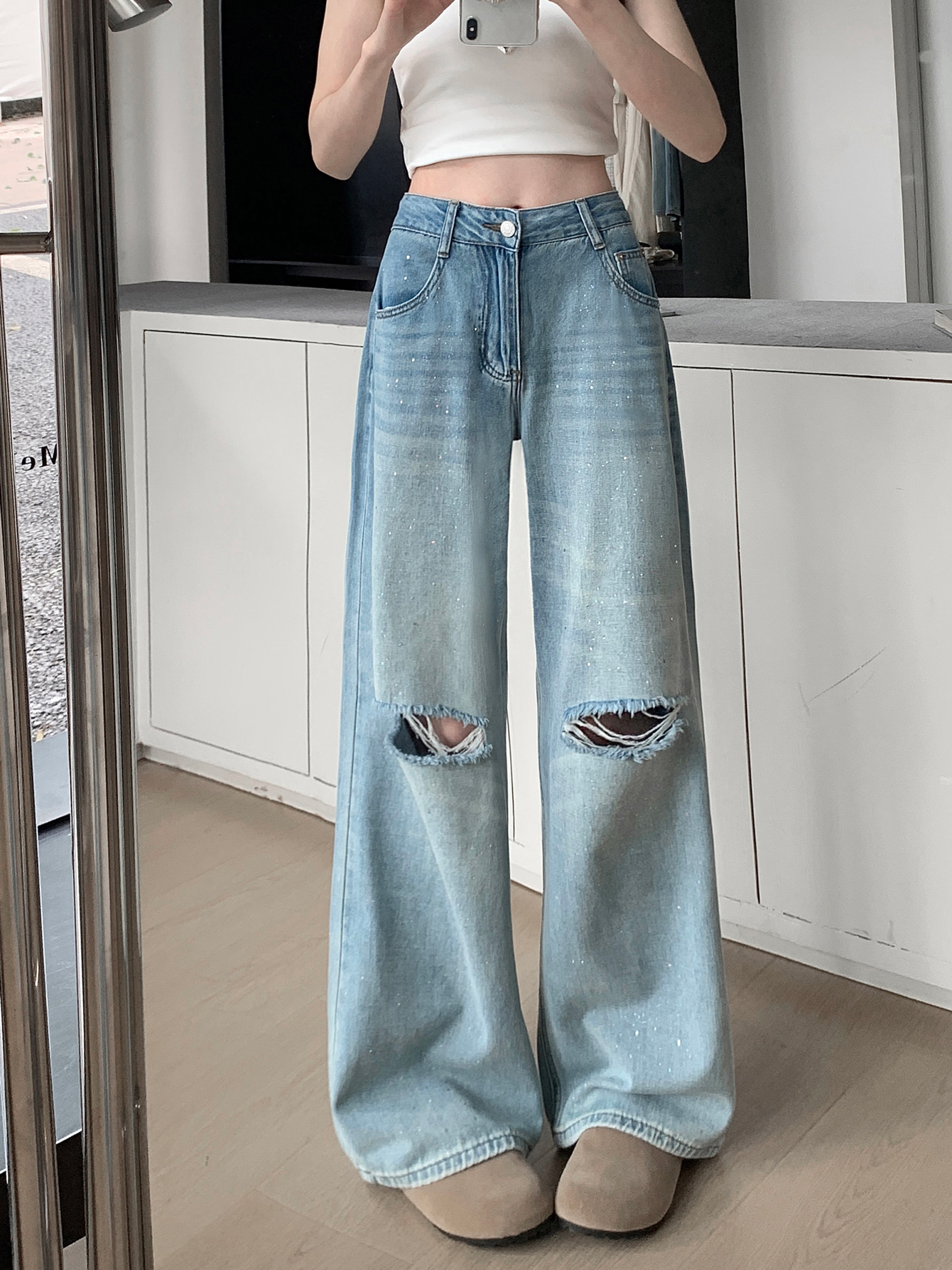 Real shot #New wide-leg denim trousers for women washing ripped design straight loose floor pants