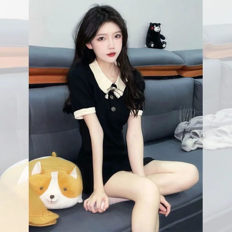 Foreign trade summer women's new slim fit and slim A-line skirt with small temperament sweet polo collar short dress