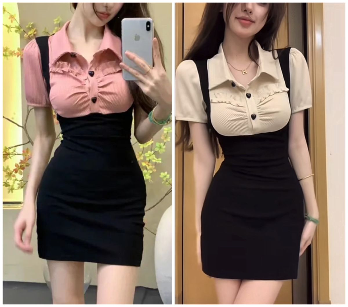 New summer contrasting color splicing fake two-piece slim Polo puff sleeve dress hip-covered skirt