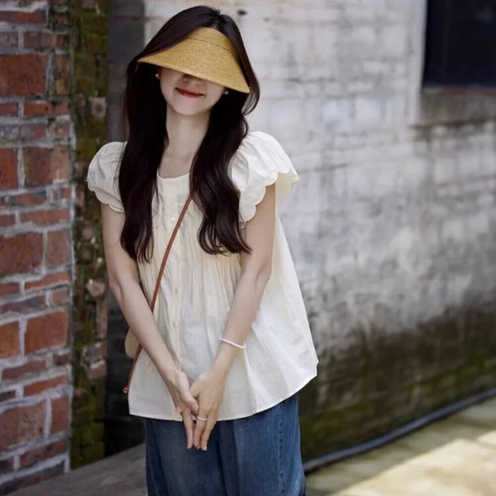 Summer new large-size women's small age-reducing French small flying sleeve shirt short sleeve shirt M-4XL 200 catties