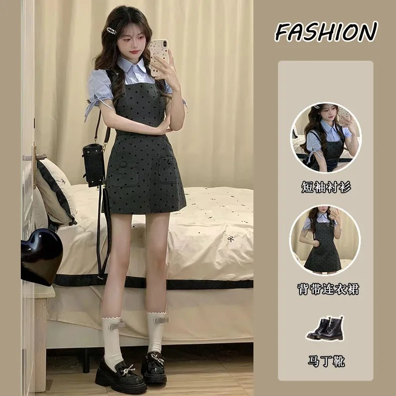 College style dress for women in summer new A-line skirt slim short-sleeved POLO collar fake two-piece skirt