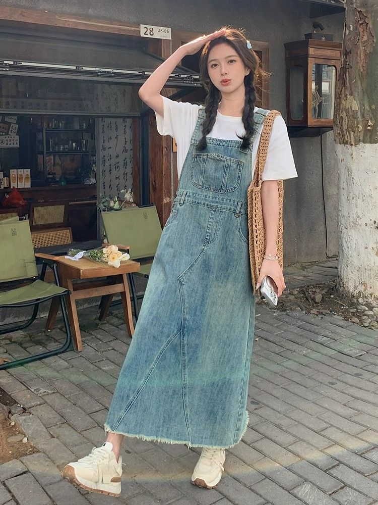 港風復古文藝牛仔背帶長裙女夏季新款韓版寬鬆洋氣減齡桔梗連衣裙