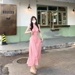 Pure desire style Hepburn waist-hugging and slimming first love long skirt Super fairy beach vacation essential waist hollow dress