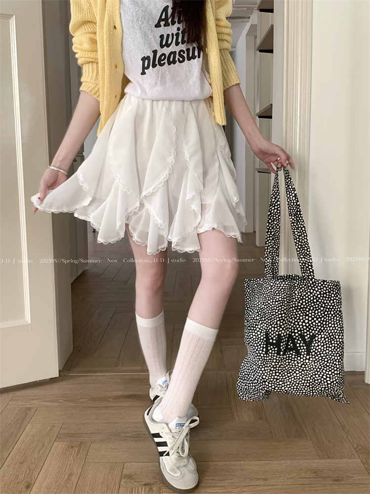 Real shot~ Heavy industry lace splicing irregular skirt for women's new high-waisted A-line versatile short skirt