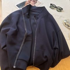 Women's Navy Blue Turtleneck Zip Hoodie - 2025 Spring New Korean Style Loose Casual Versatile Long Sleeve Cardigan Outerwear