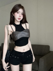 Real shot of fake two-piece halter sleeveless vest