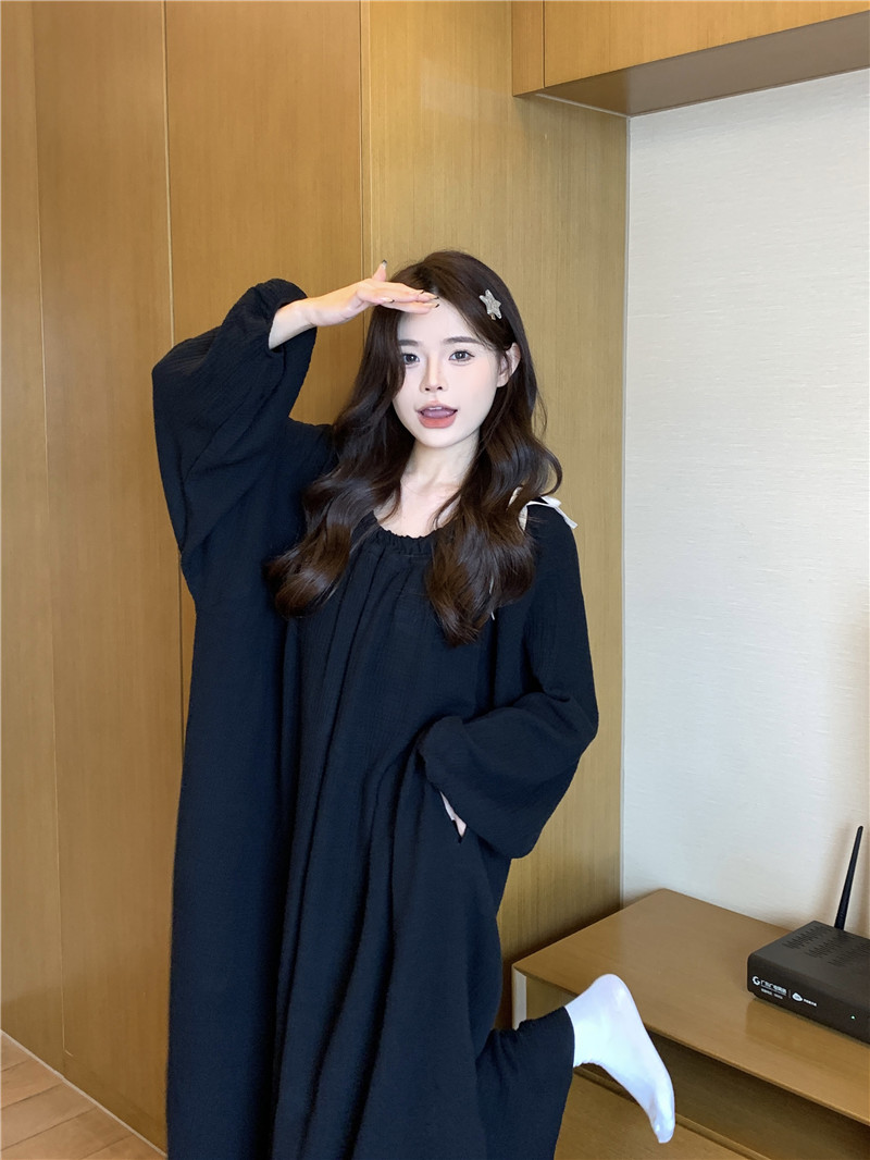 Real shot of Korean version of spring and autumn soft double yarn loose double yarn skin-friendly and comfortable lazy style wearing home dress