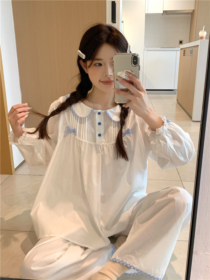 Real shot of Korean version of sweet spring and autumn pure cotton long sleeve loose contrasting color doll collar pullover small fresh home clothing set