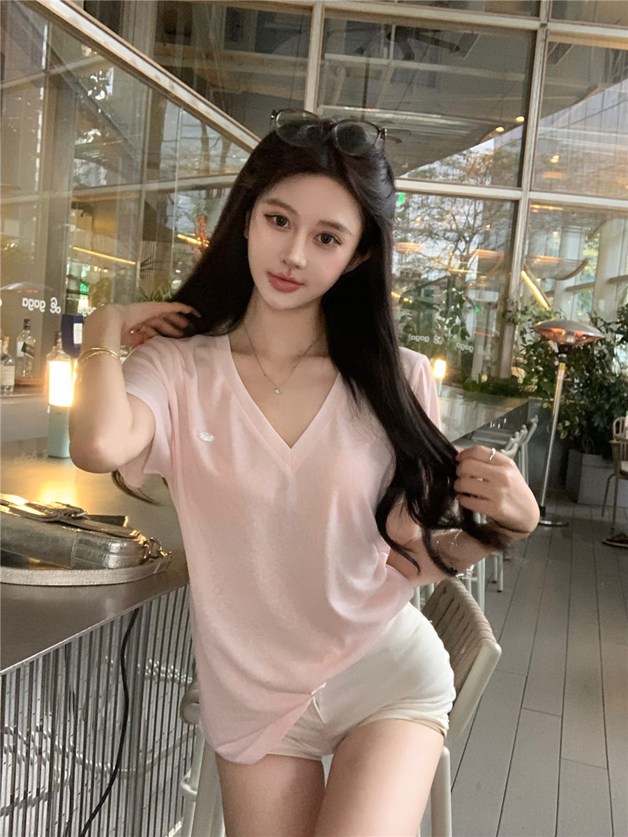 Real-life comfort mask T-shirt for women's front shoulder V-neck short-sleeved loose slim and pure top