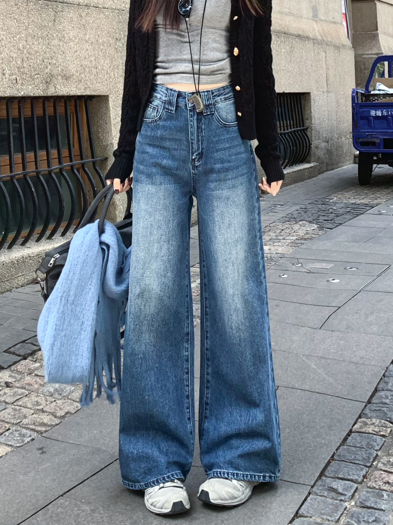Real shot #New loose jeans for women's retro wash design straight wide-leg floor trousers