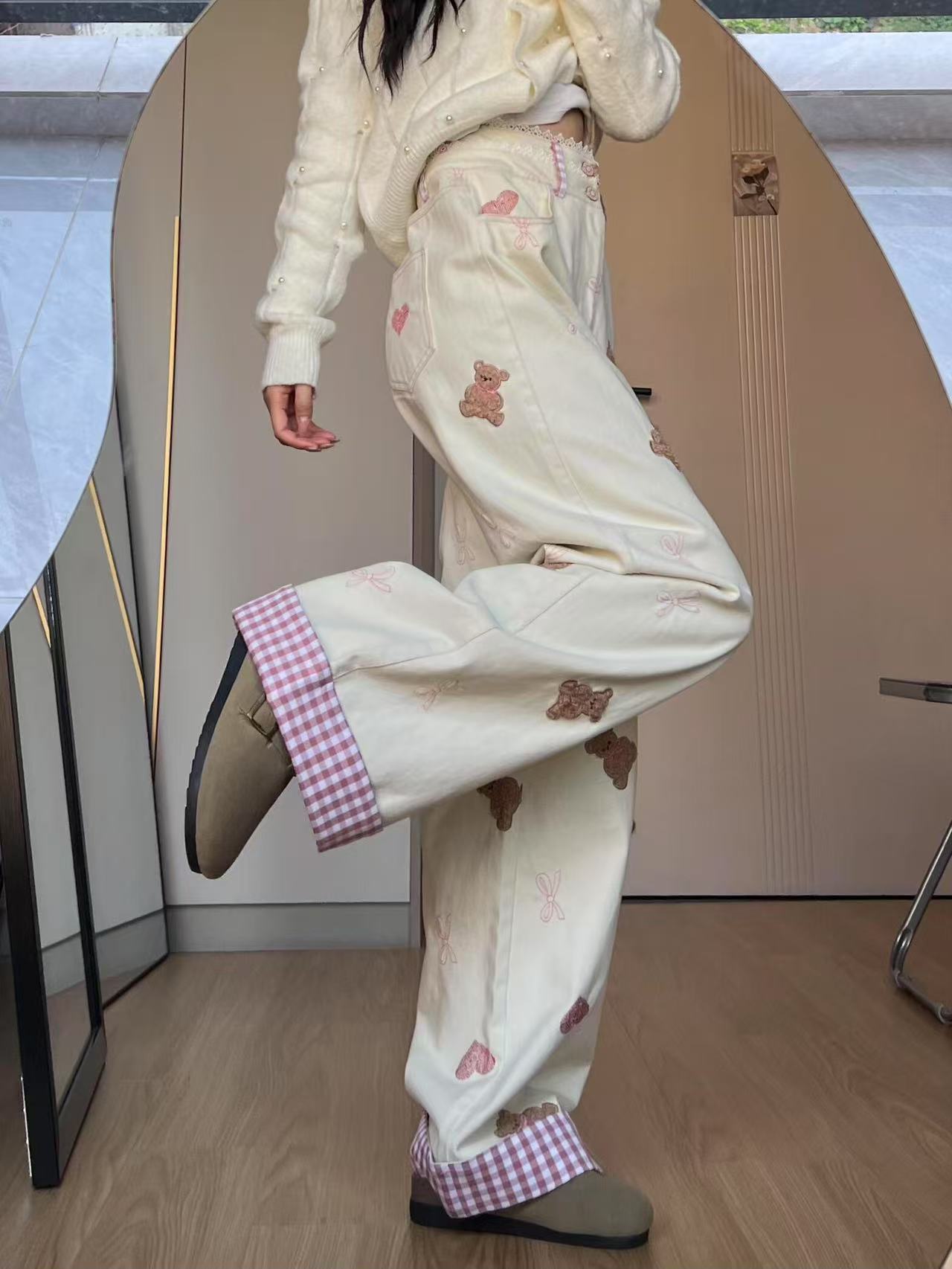 2025 summer bear embroidered lace spliced ​​wide-leg jeans for women with high waist straight plaid curly trousers