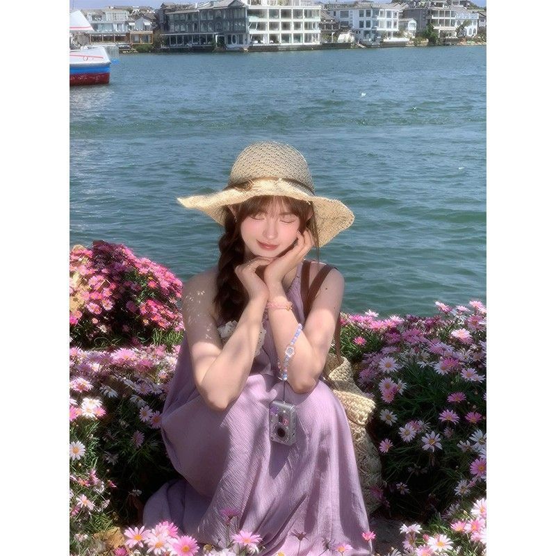 French first love gentle purple halter neck suspender dress summer women's vacation style loose slim A-line long skirt