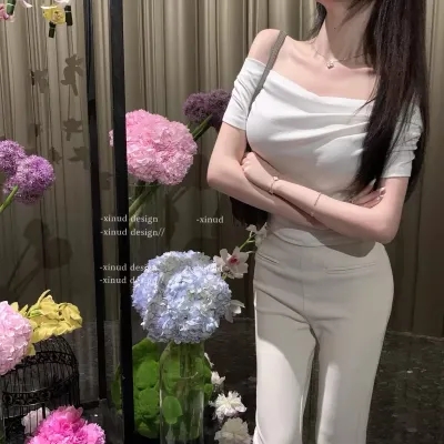 XINUD Law of Attraction* Pure and lustful temperament, gentle and versatile T-shirt irregular neckline niche off-shoulder women
