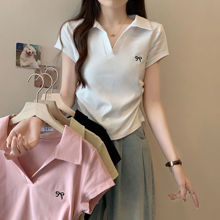Official picture 40 cotton reverse cotton 1.1 short-sleeved T-shirt lapel bow embroidered pleated waist top