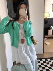 2025 Spring New Korean Fashion Apple Green Slim and Versatile Knitted Cardigan Top Soft Glutinous Short Sweater Jacket Women