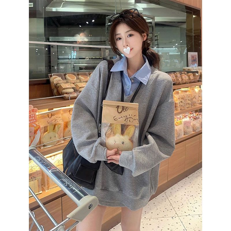 Original quality - pure cotton thick composite - non-reflective fabric versatile fake two-piece early autumn long-sleeved sweatshirt