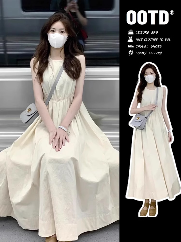 French style linen apricot sleeveless vest dress for women in summer 2025 new gentle vacation skirt