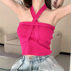 Hot girl halter neck knitted suspender vest women's clothing 2025 summer new style inner wear ins outer wear short top trendy