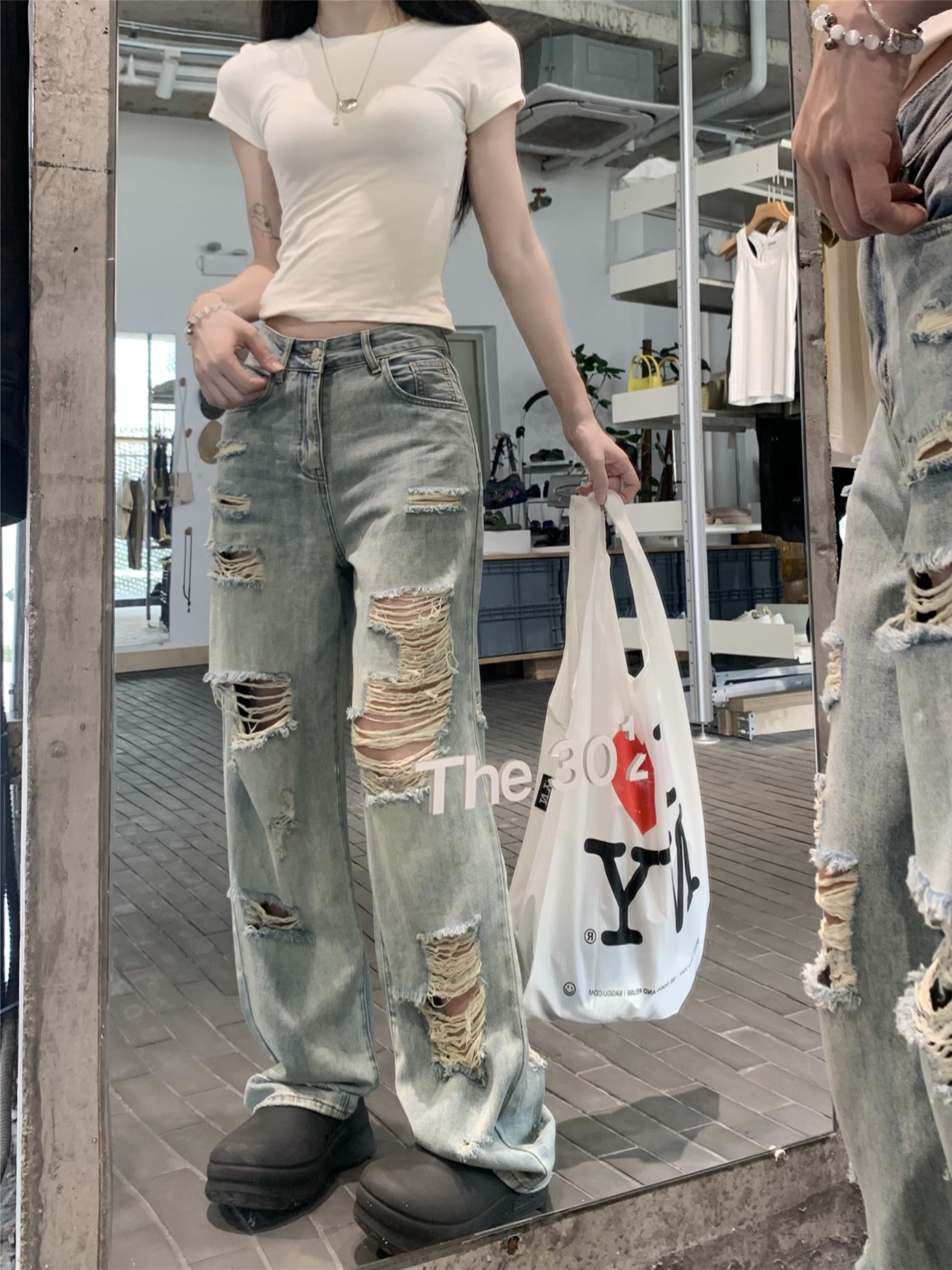 Real shot!  American street blue ripped washing jeans for women straight loose slimming wide-leg pants