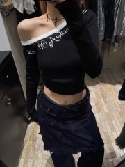 韓國東大門秋季新款韓版洋氣百搭斜肩字母印花上衣針織衫