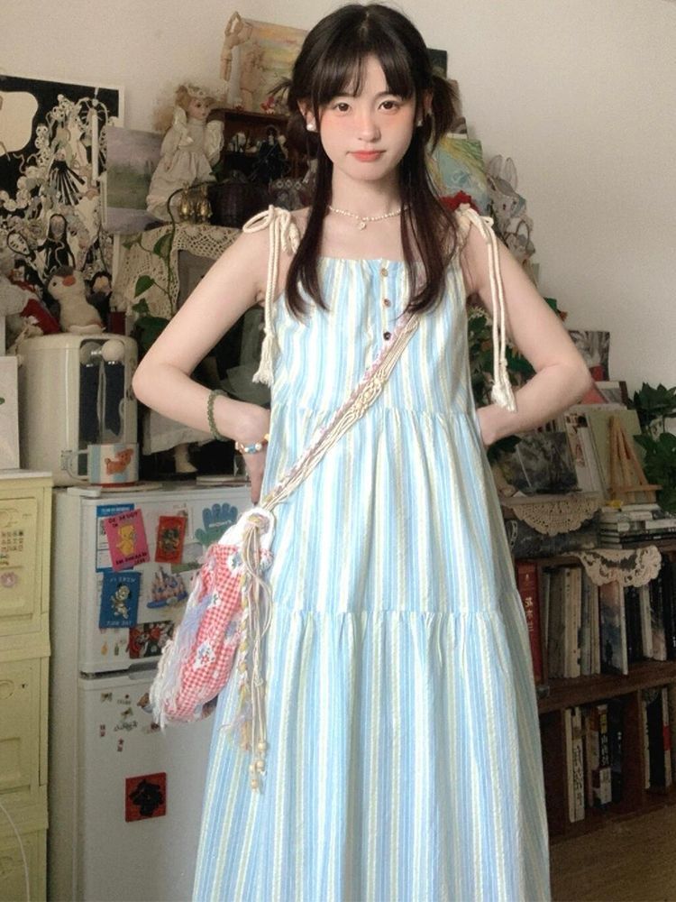 Vacation style neck halter dress for women, new summer retro loose outerwear A-line long skirt trendy