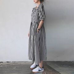 Summer new large-size women's retro vertical pattern dress with puff sleeves covering belly shirt dress M-4XL200 catties