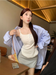 實拍 春季韓chic簡約條紋三件套長袖襯衫+吊帶+半身裙