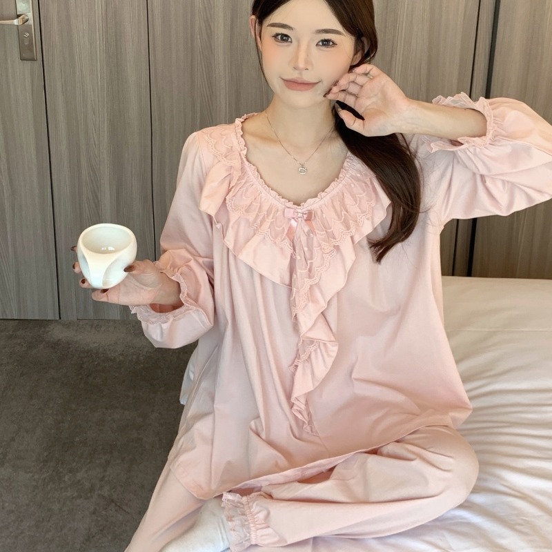 Real shot of Korean sweet princess style cotton loose breathable spring and autumn long-sleeved outdoor long-sleeved home clothing set