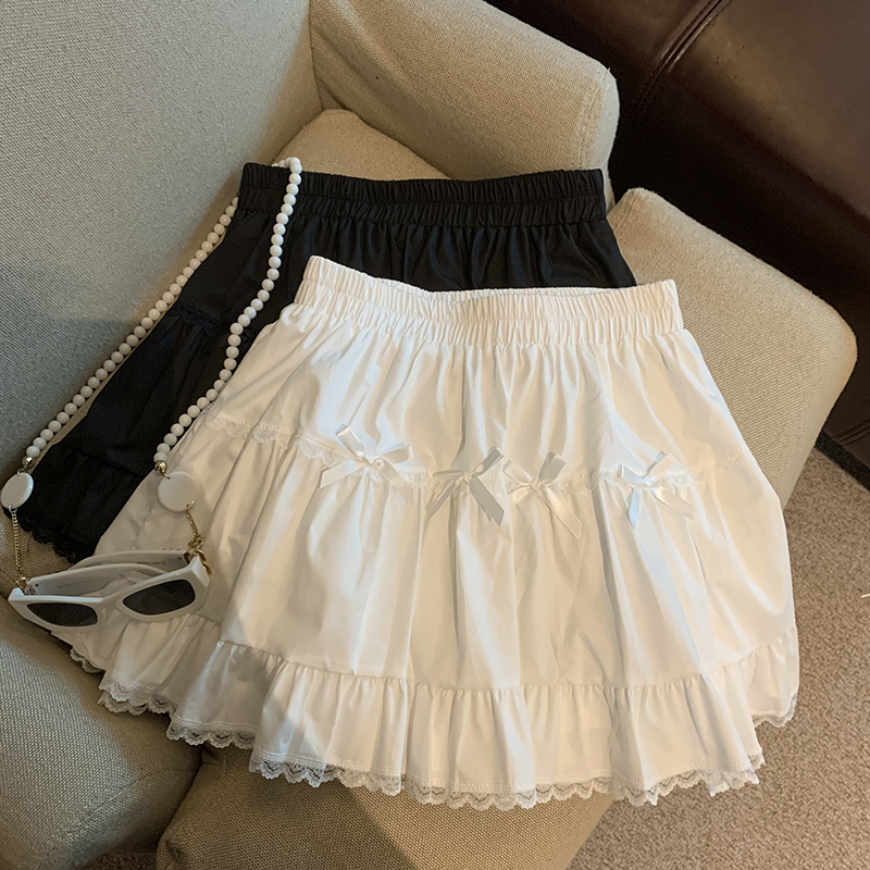 Real shot of summer sweet lace skirt with bow tie for women with high waist slim short skirt