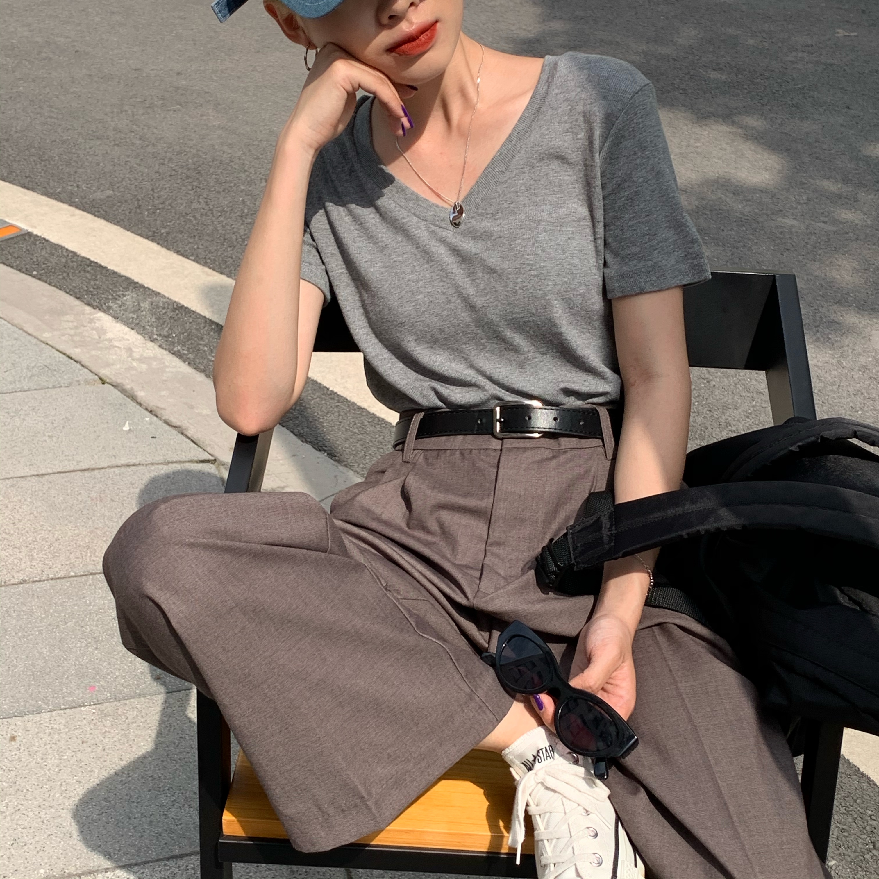 Real shot of ice thread solid color V-neck versatile student pullover short-sleeved T-shirt women's base top