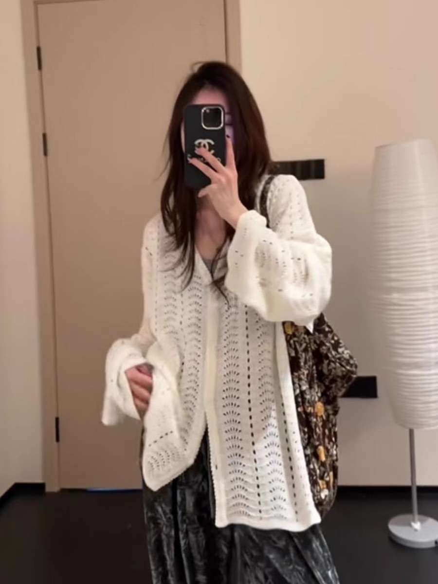 Lazy style hollow white sweater top for women early spring 2025 new design niche versatile cardigan jacket