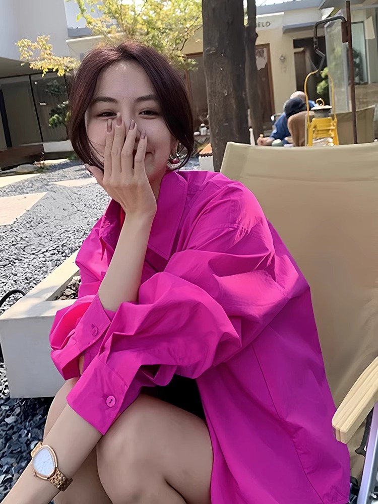 Spring and summer new internet celebrity chic and beautiful shirt small dragon fruit color sunscreen shirt women's light luxury high-end top