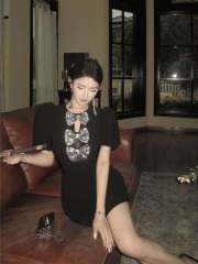 Real shot of retro sexy bow dress for women with puff sleeves hollow waist and slim hips