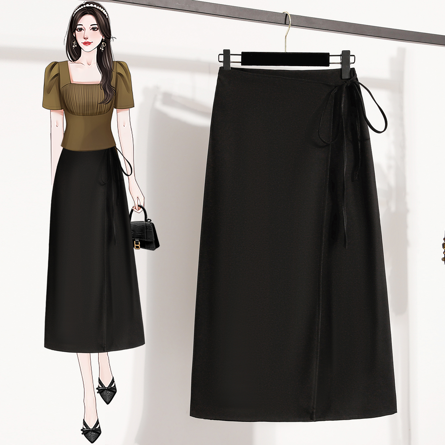 One-piece strap skirt for women mid-length small thickened A-line skirt long skirt