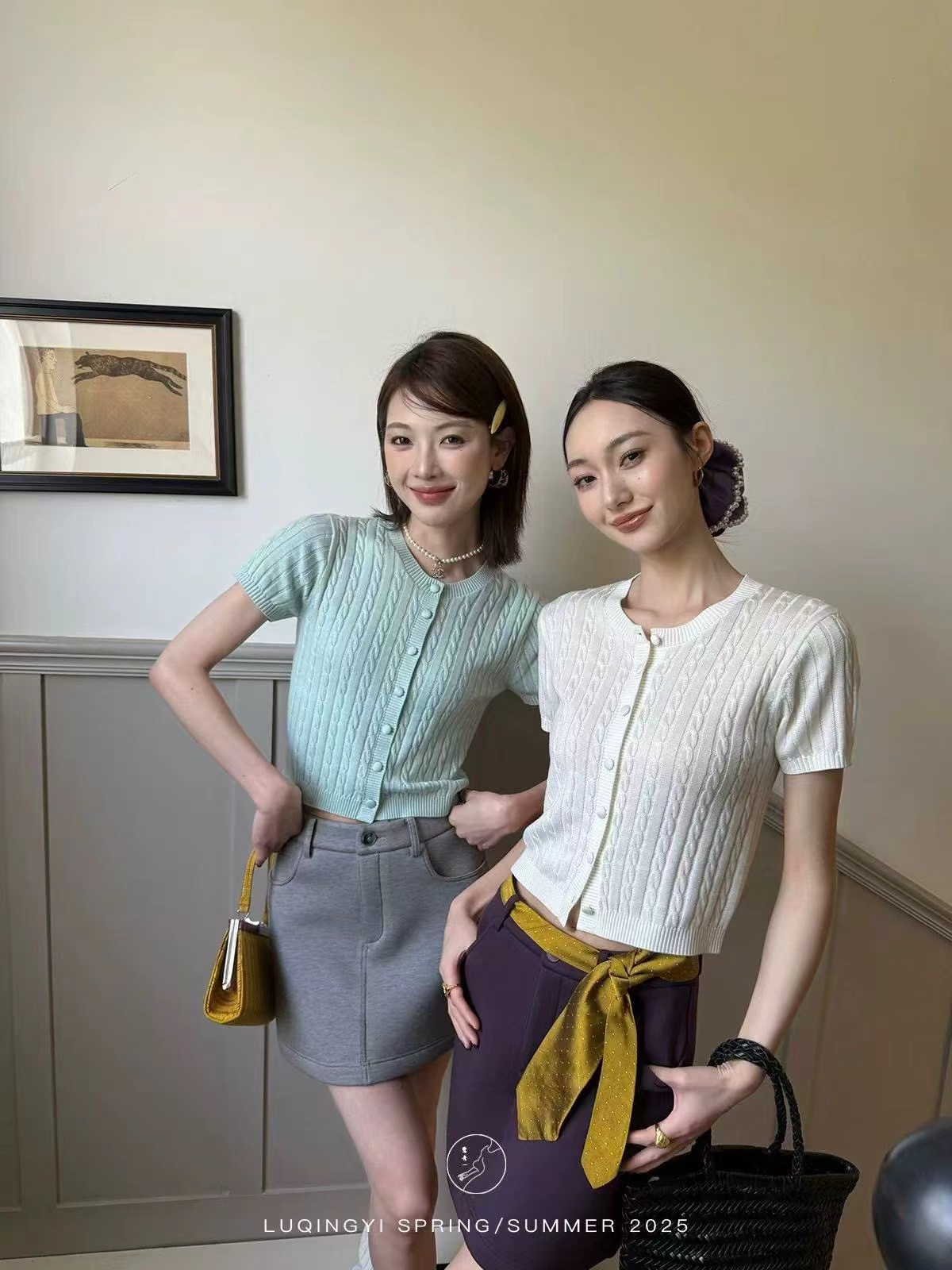 鷺青一原創雲薄荷經典絞花針織衫女春復古假門襟設計短袖上衣