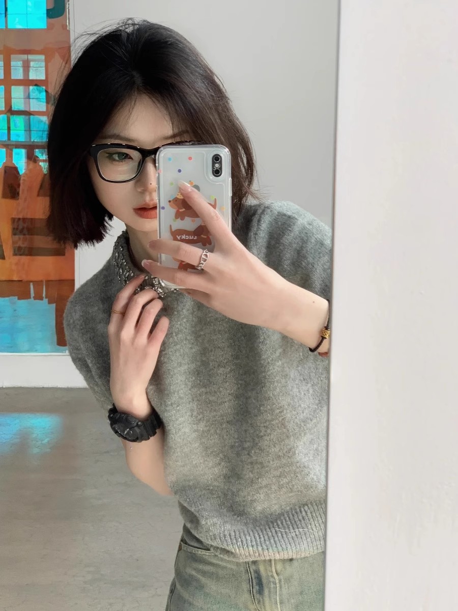 Spring Miu Lace-up Drilled Sweater Short Sleeve T-shirt for Women in Summer Loose High-end Knitted Sweater Versatile Short Top Trendy