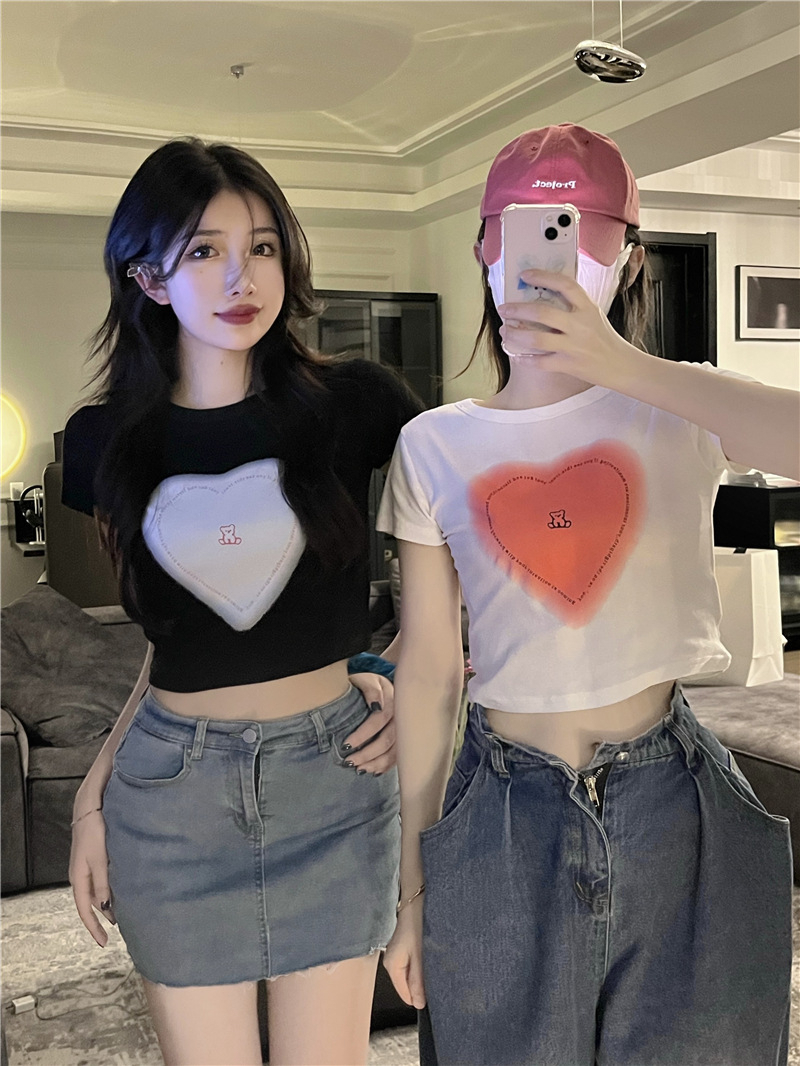 Foreign trade original sweet and spicy love printed short-sleeved T-shirt for women in summer niche short bm style high waist navel top