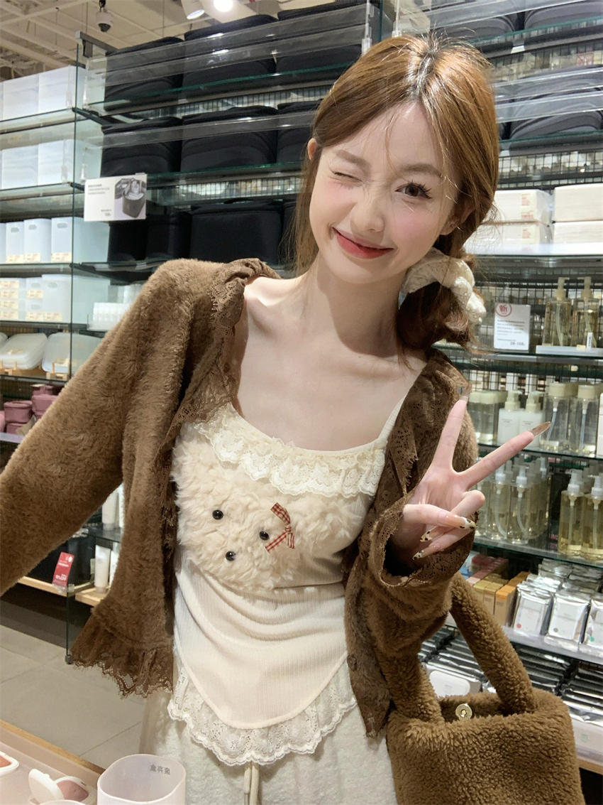 Real shot of cute sweet suit knitted cardigan jacket for women in autumn puppy suspender vest top for women