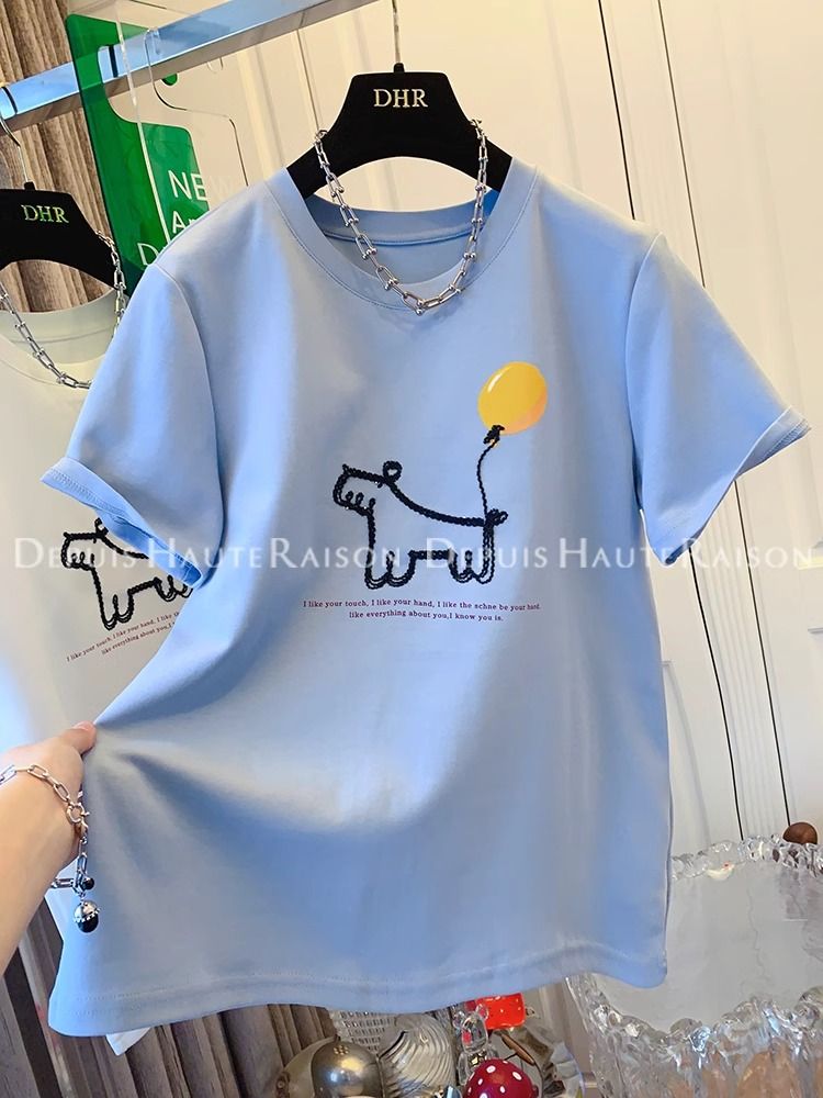 Extra large size 300 catties super beautiful puppy balloon short-sleeved T-shirt base shirt loose inner top for women 2025 spring and summer