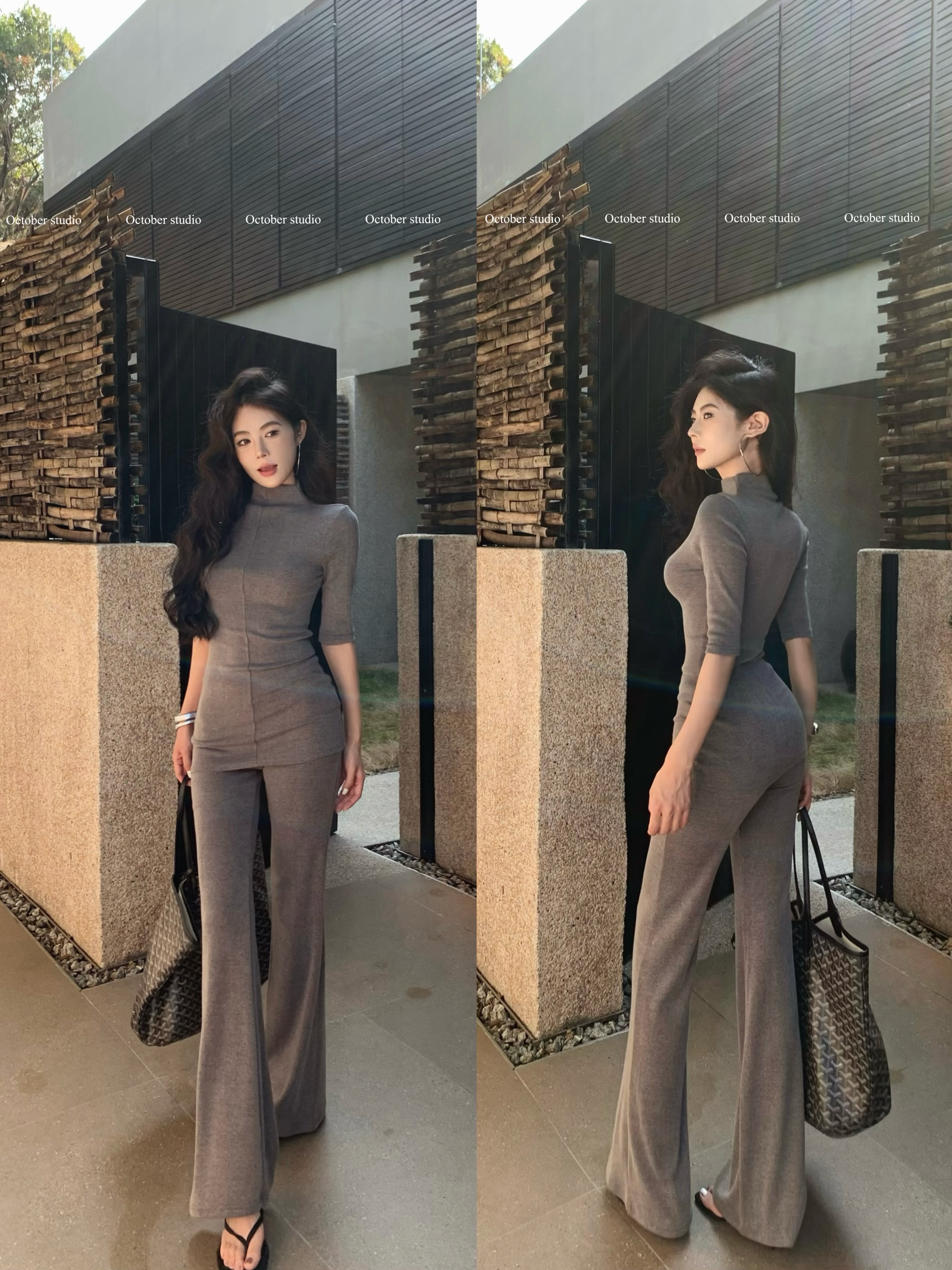 Real shot of textured commuting gray stretch slim set mid-sleeved top slim knitted trousers two-piece set