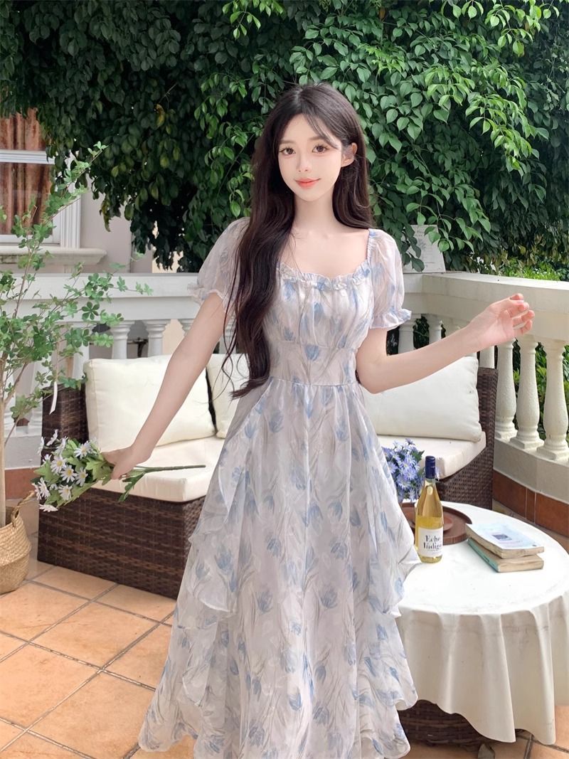 初戀法式方領浪漫碎花雪紡連衣裙女夏季大碼氣質收腰顯瘦仙女長裙